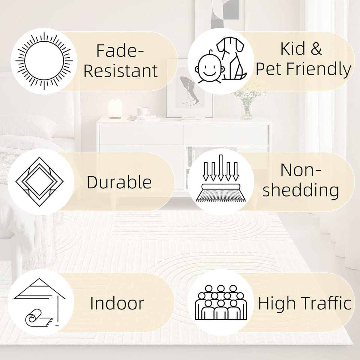 5x7 Solid Beige Area Rugs for Living Room, Geometric Washable Rug