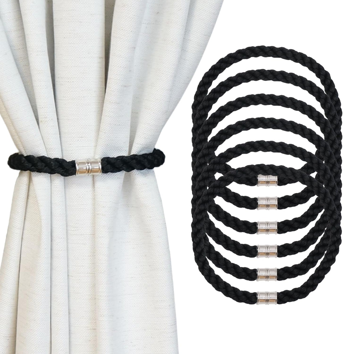 Magnetic Curtain Tiebacks, 2pcs Modern Handmade Rope Curtain Tie Backs Decorative Curtain Holdbacks Holders Cord for Window Sheer Drapes Indoor Outdoor, Grey