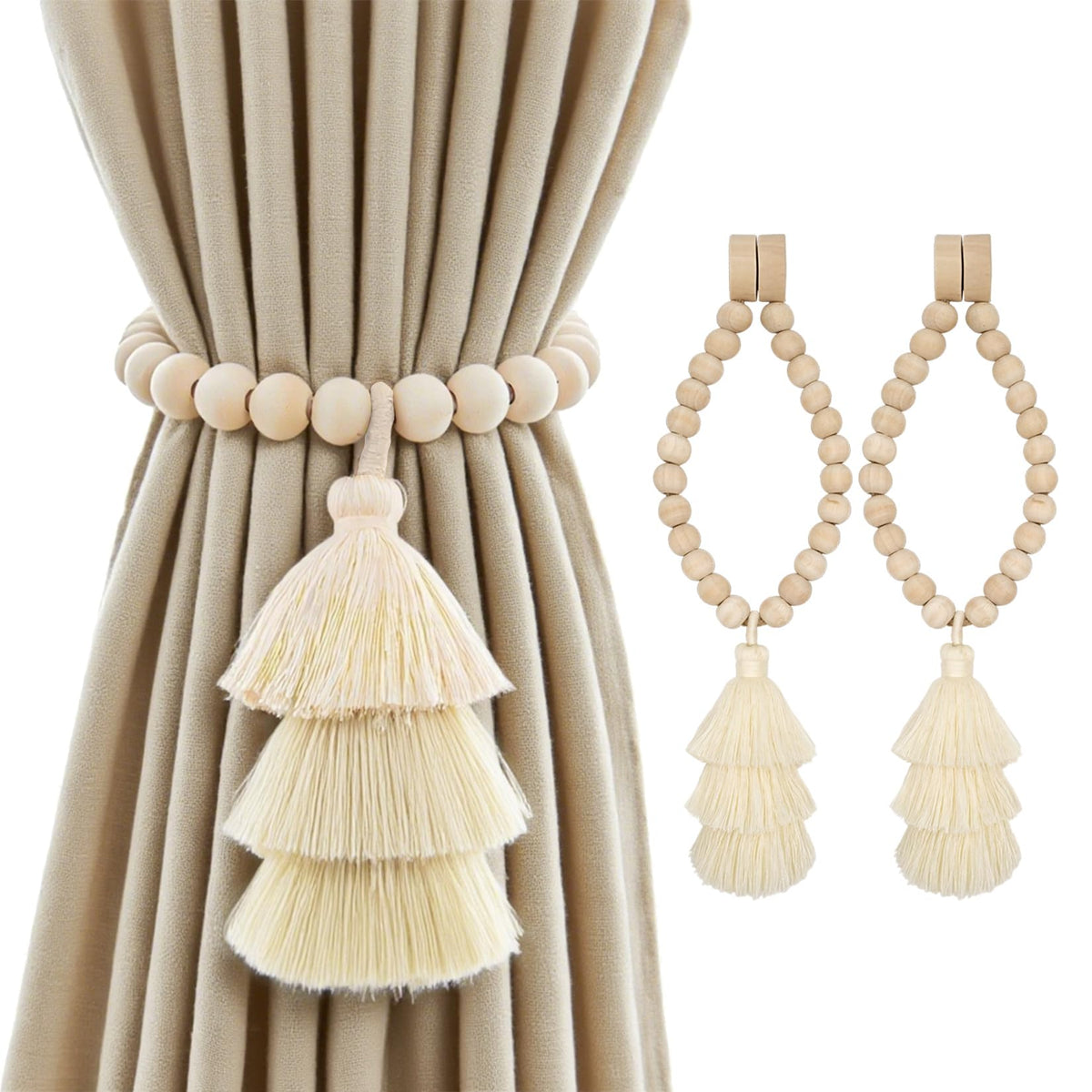 Magnetic Curtain Tiebacks with Wood Beads, Boho Rope Drapery Holdbacks with Triple Tassels, No Drill Curtain Holders for Farmhouse Bedroom, Living Room or Nursery, 2 Pack, Beige Taupe Brown