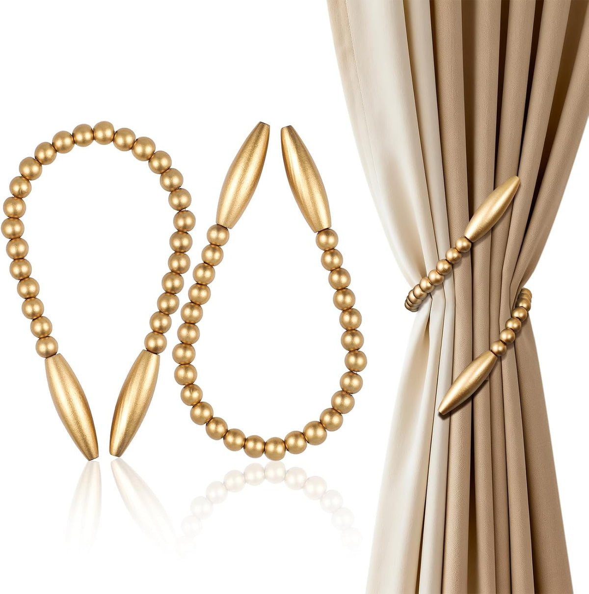 Wood Bead Curtain Tiebacks 2 Pack, No Drill Curtain Holdbacks, Gold