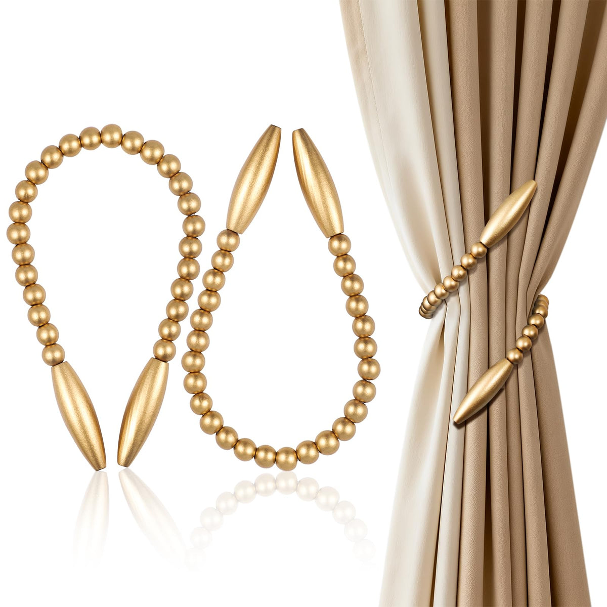 Wood Bead Curtain Tiebacks 2 Pack, No Drill Curtain Holdbacks, Gold