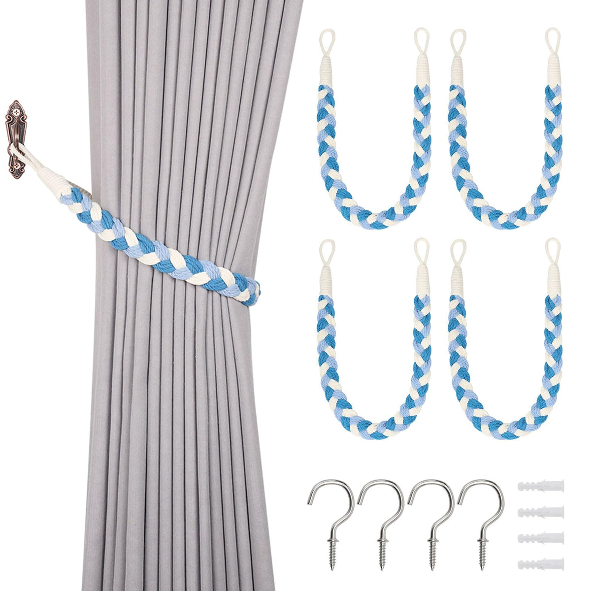 NICEEC 2 Pack Natural Cotton Rope Curtain Tiebacks Elegant Boho Style Decorative Drape Tie Backs Soft Hand-Woven Rope Curtain Holdbacks with Metal Hook for Home & Office Drapery (Coffee)