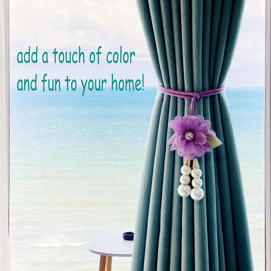 Adjustable Curtain Tiebacks， 4-Pack Hand-Woven Rope with Silk Flower & Pearl， Decorative Window Cord Holders for Drapery， Long Loop Design for All Curtain Thickness (Purple)