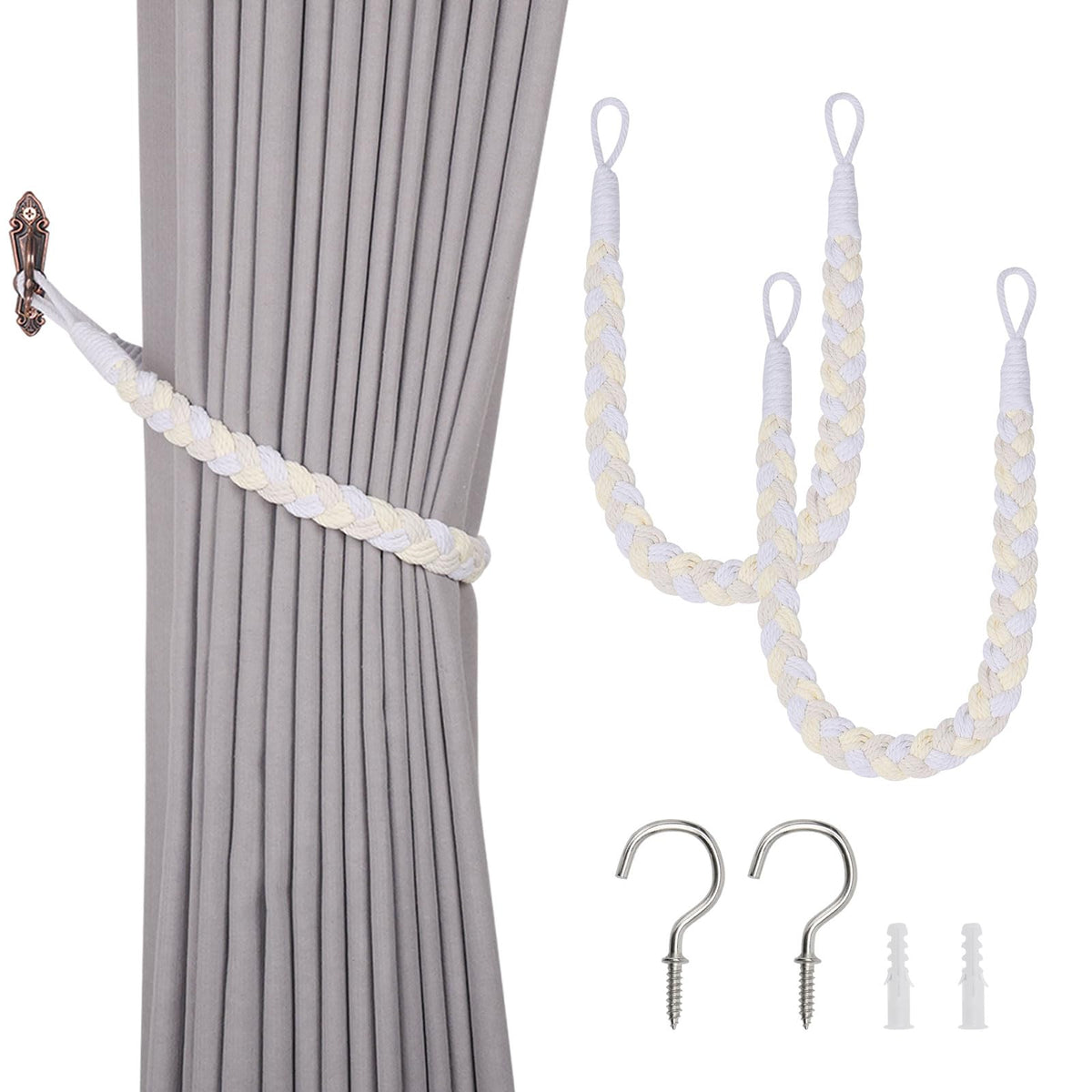 NICEEC 2 Pack Natural Cotton Rope Curtain Tiebacks Elegant Boho Style Decorative Drape Tie Backs Soft Hand-Woven Rope Curtain Holdbacks with Metal Hook for Home & Office Drapery (Coffee)