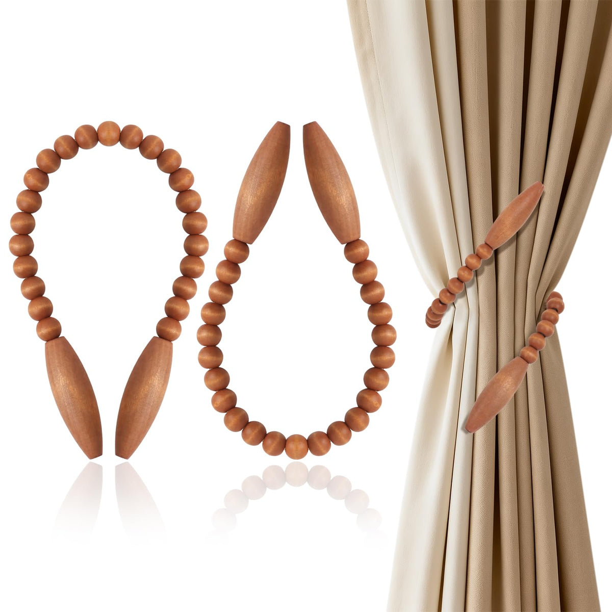 Wood Bead Curtain Tiebacks 2 Pack, No Drill Curtain Holdbacks, Gold