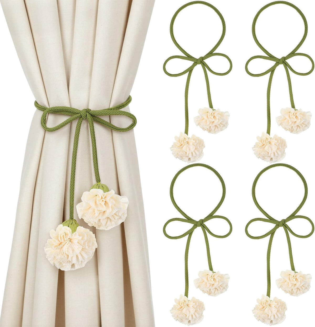Tegeme 4 Pcs Curtain Tiebacks Flower Curtain Holdbacks Boho Floral Drapery Holdbacks No Drill DIY Decorative Ties for Home Office Wall Hangings Nursery Bedroom Decor(White,Boho Flower)