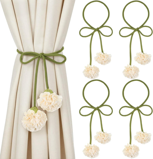 Tegeme 4 Pcs Curtain Tiebacks Flower Curtain Holdbacks Boho Floral Drapery Holdbacks No Drill DIY Decorative Ties for Home Office Wall Hangings Nursery Bedroom Decor(White,Boho Flower)