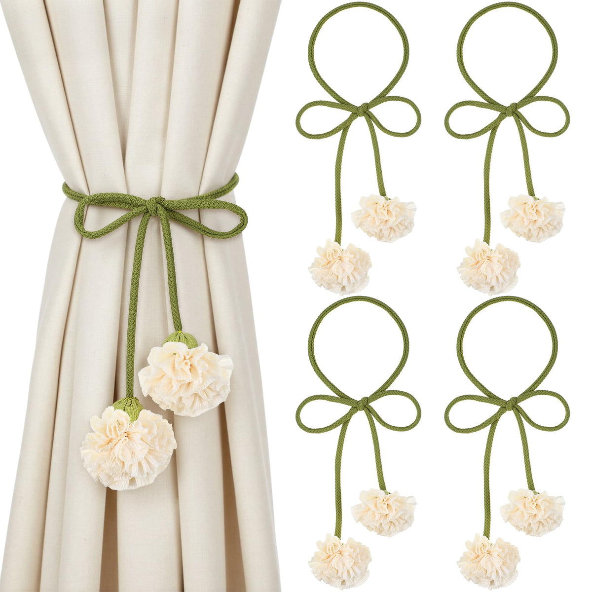 Tegeme 4 Pcs Curtain Tiebacks Flower Curtain Holdbacks Boho Floral Drapery Holdbacks No Drill DIY Decorative Ties for Home Office Wall Hangings Nursery Bedroom Decor(White,Boho Flower)