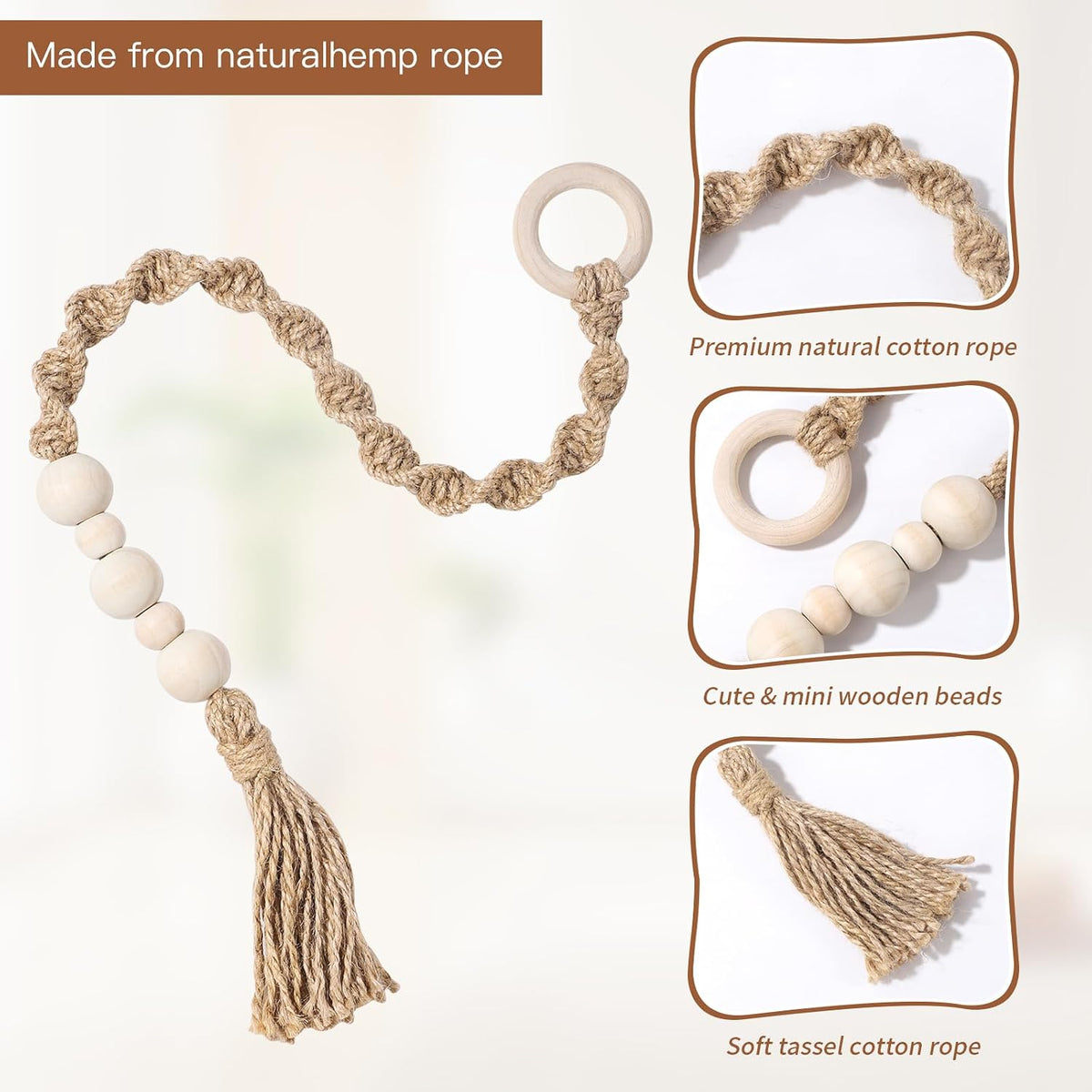 Macrame Curtain Tiebacks with Wooden Beads, Jute Rope Boho Holdbacks with Tassels, Natural Beige, 4-PCS (4)