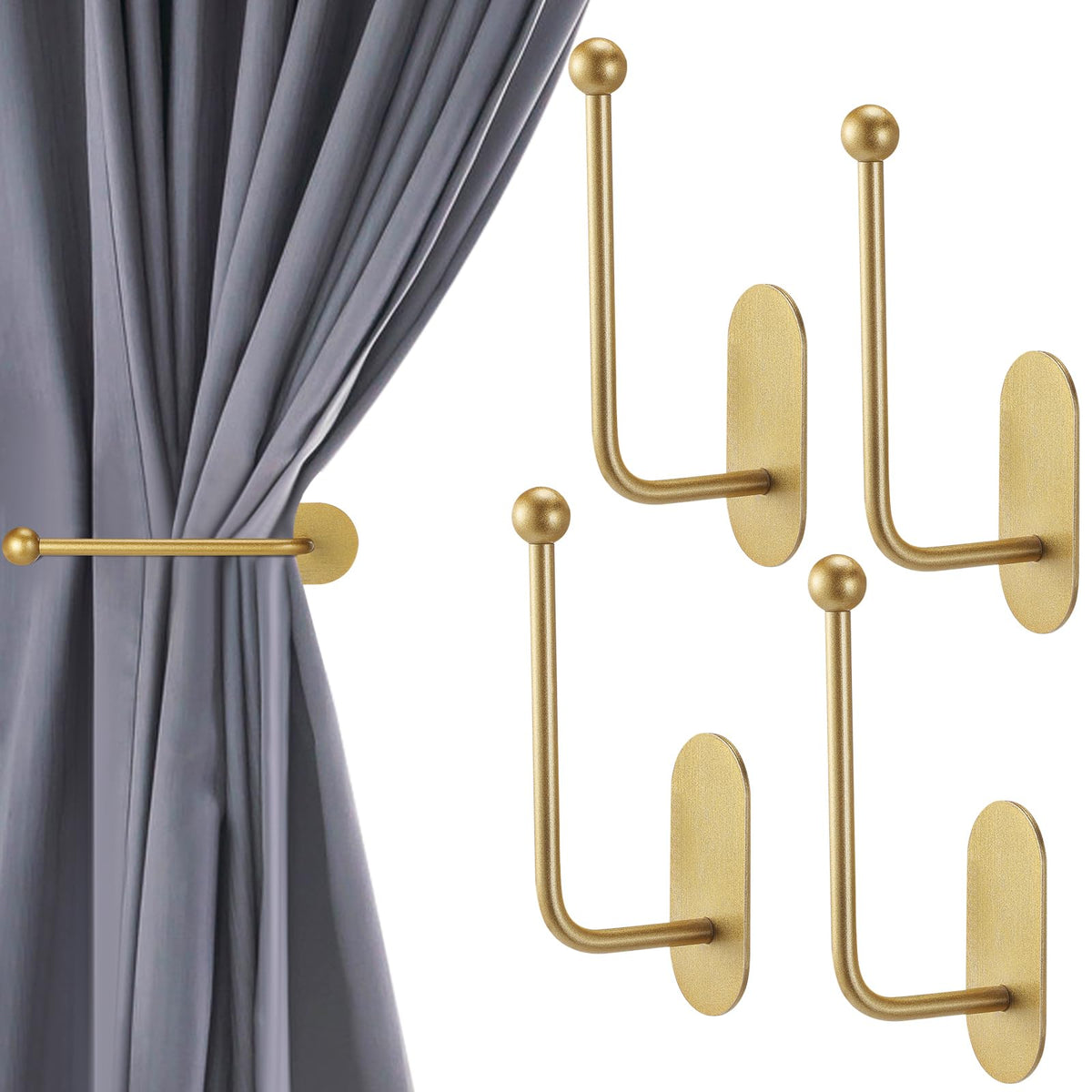 CroBlissful 2 Pcs Adhesive Curtain Holdbacks No Drill Window Hook,Gold