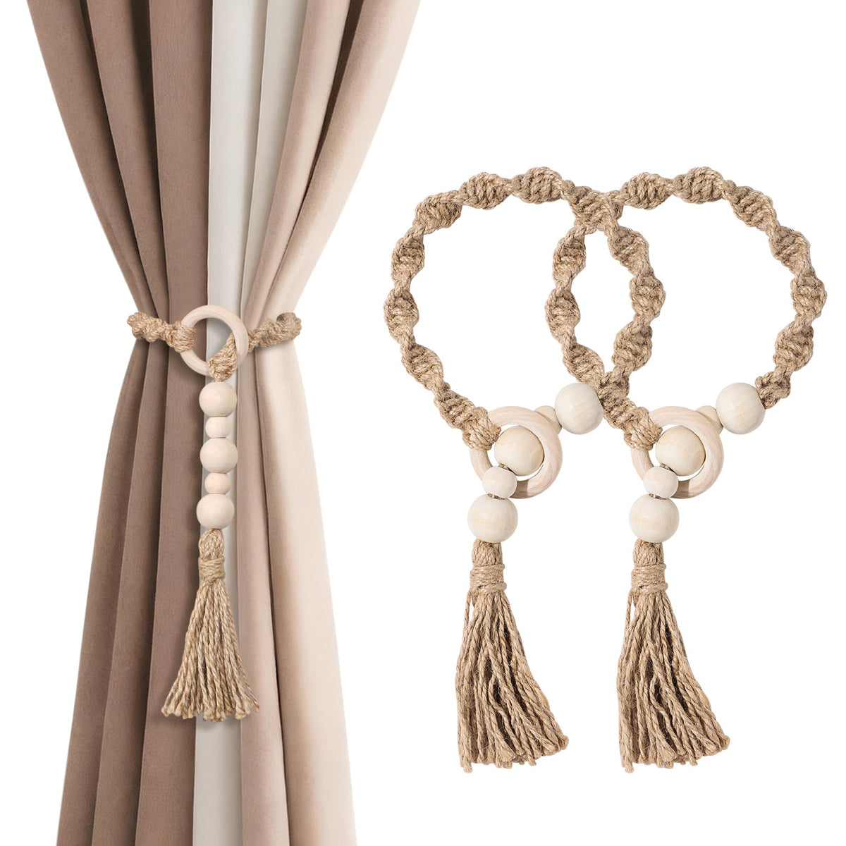 Macrame Curtain Tiebacks with Wooden Beads, Jute Rope Boho Holdbacks with Tassels, Natural Beige, 4-PCS (4)
