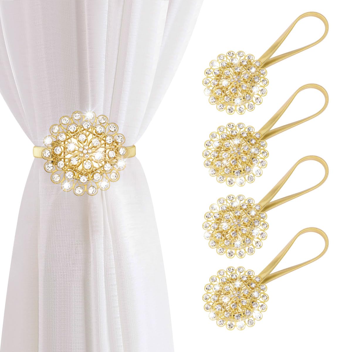 AULEEP Magnetic Curtain Tiebacks Crystal Curtain Ties Holdbacks, 4 Pack