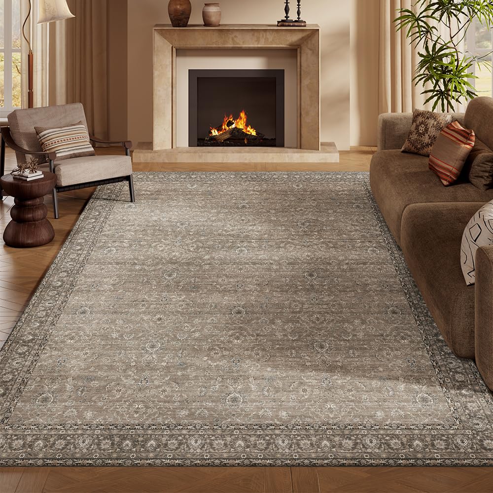 8x10 Reddish Brown Washable Area Rug for Living Room, Vintage Print
