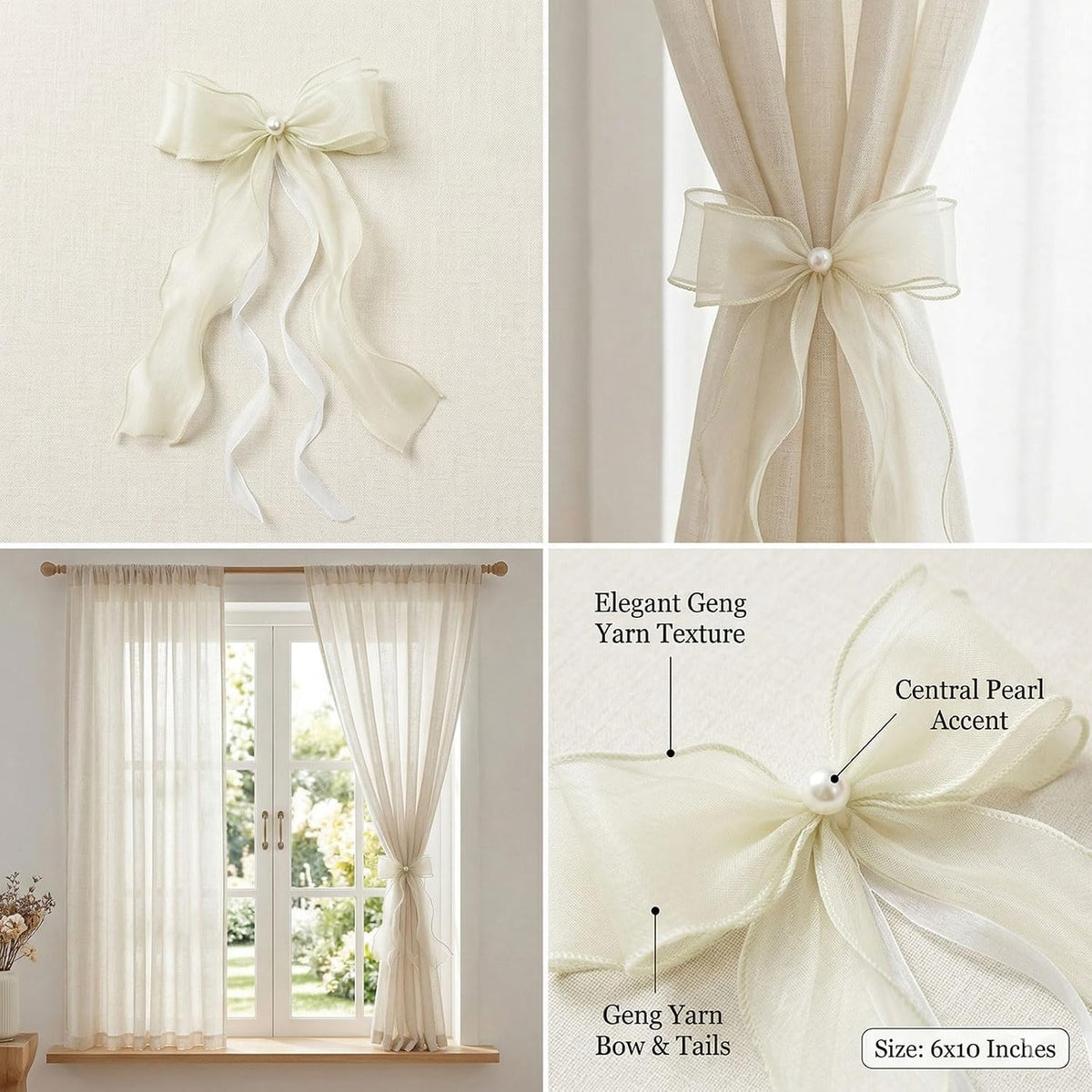 White Lace Bow Curtain Tiebacks 6-Pack, Vine Floral Curtain Holdbacks
