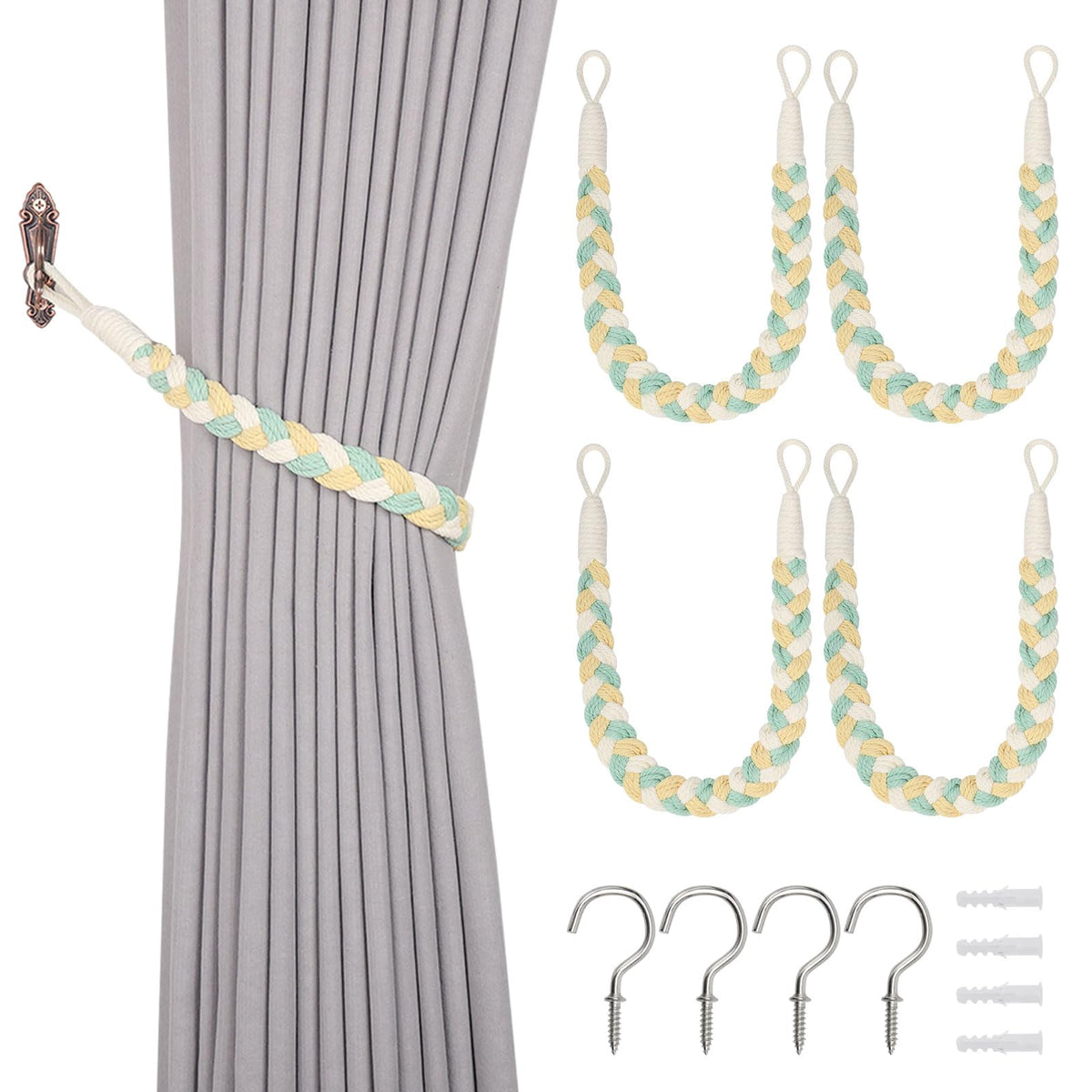 NICEEC 2 Pack Natural Cotton Rope Curtain Tiebacks Elegant Boho Style Decorative Drape Tie Backs Soft Hand-Woven Rope Curtain Holdbacks with Metal Hook for Home & Office Drapery (Coffee)