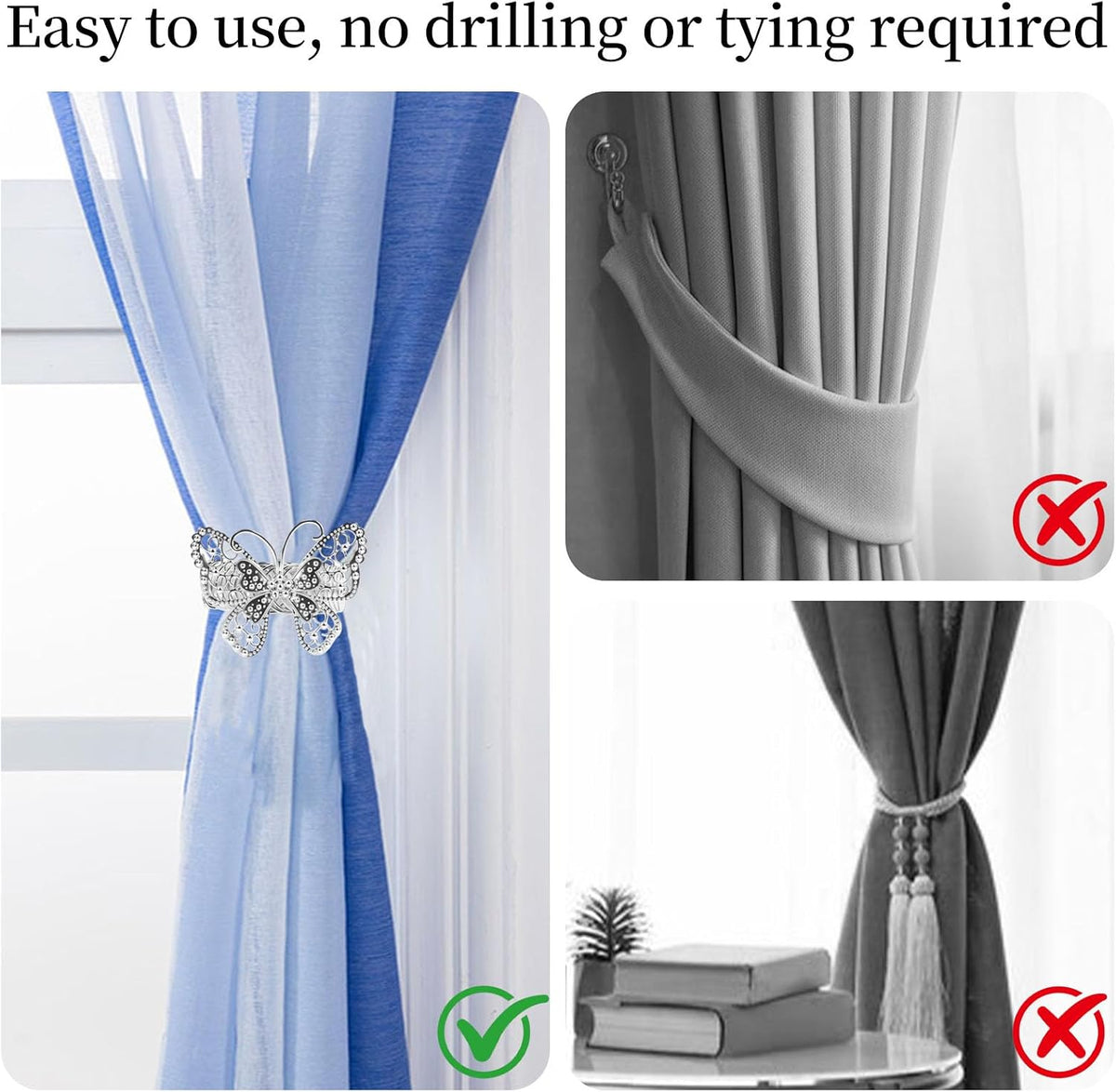 Silver Butterfly Curtain Tiebacks No-Drill, 2 Packs