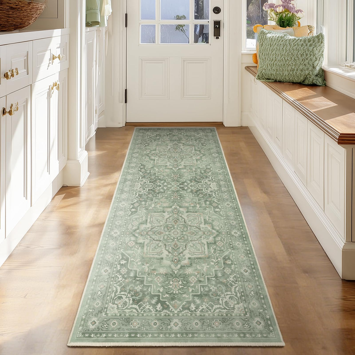 Vintage Distressed 5x7 Area Rugs for Living Room Bedroom Non Slip Washable, Medallion Pattern Printed Low Pile Thin Carpet Rugs for Dining Room/Kitchen/Home Office, Multi Brown Olive Accents