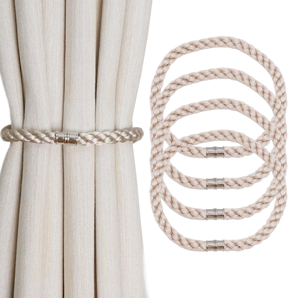 Magnetic Curtain Tiebacks, 2pcs Modern Handmade Rope Curtain Tie Backs Decorative Curtain Holdbacks Holders Cord for Window Sheer Drapes Indoor Outdoor, Grey