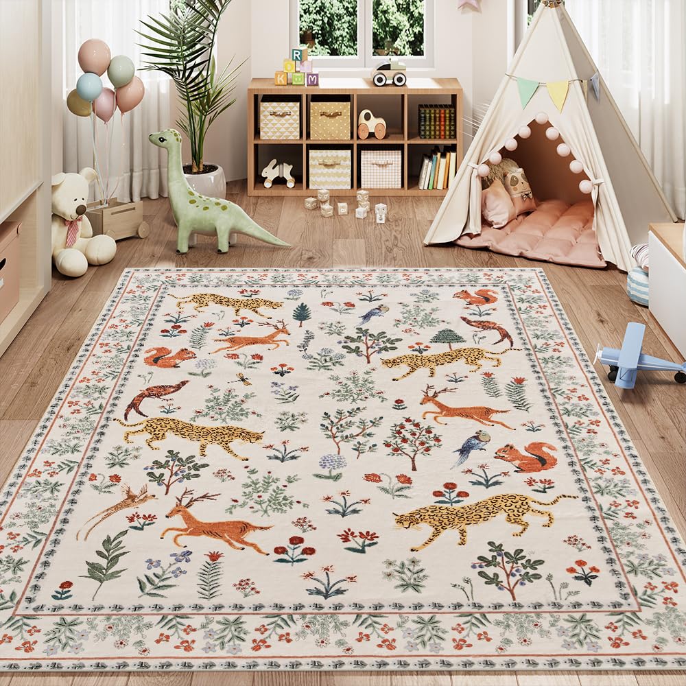 8x10 Reddish Brown Washable Area Rug for Living Room, Vintage Print