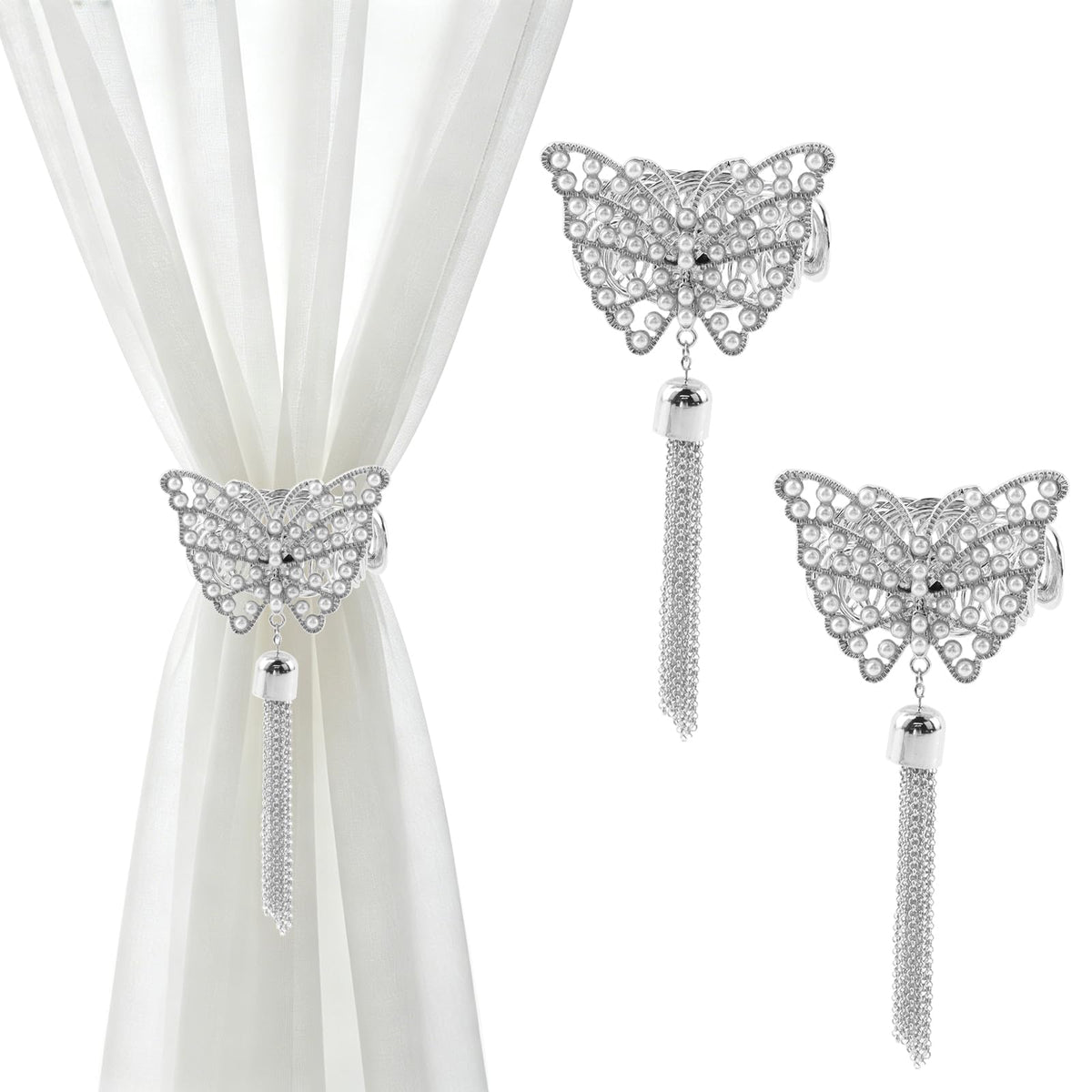 Silver Butterfly Curtain Tiebacks No-Drill, 2 Packs