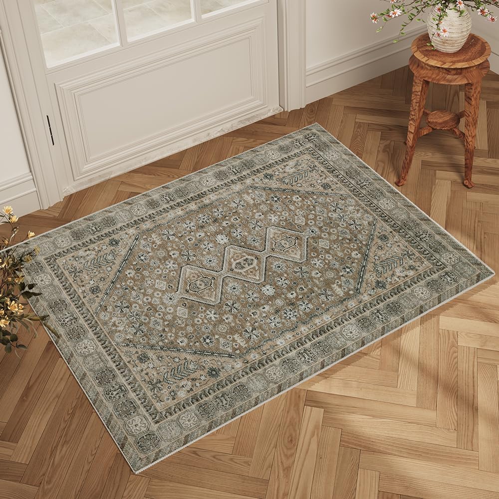 8x10 Reddish Brown Washable Area Rug for Living Room, Vintage Print