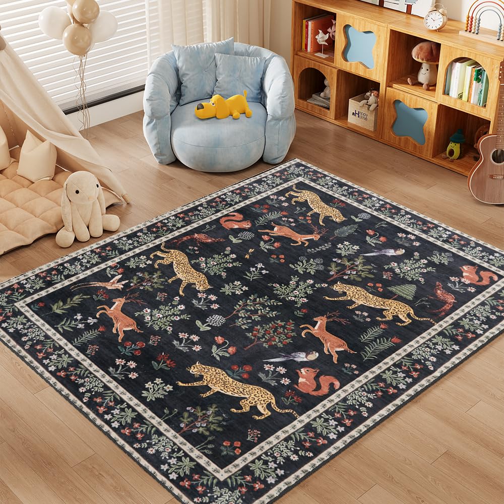 8x10 Reddish Brown Washable Area Rug for Living Room, Vintage Print