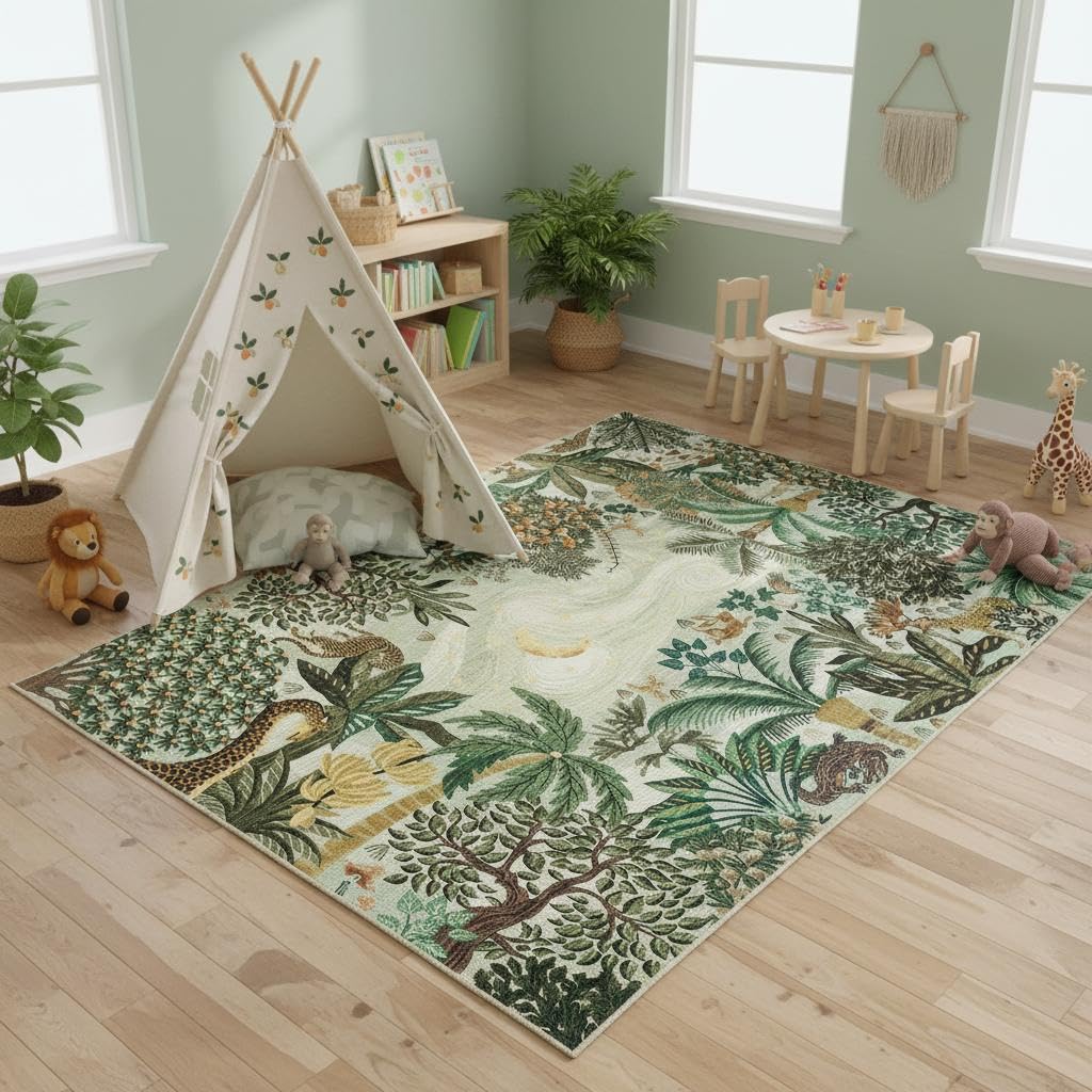 GarveeHome 5x7 Jungle Area Rug Washable Rugs for Living Room Bedroom, Soft Low Pile Non Slip Accent Floor Mat Animal Print Throw Rug Indoor Carpet Dining Room Playroom