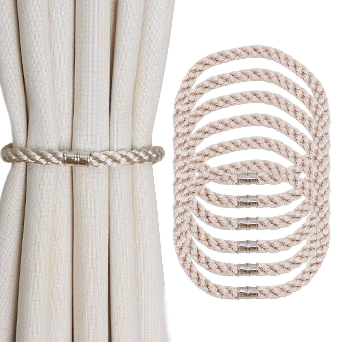 Magnetic Curtain Tiebacks, 2pcs Modern Handmade Rope Curtain Tie Backs Decorative Curtain Holdbacks Holders Cord for Window Sheer Drapes Indoor Outdoor, Grey