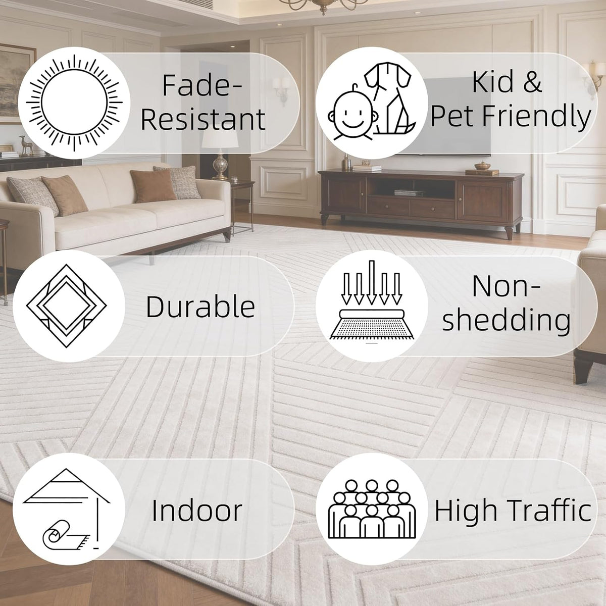 Beige Geometric 5x7 Solid Area Rug, Washable for Living Room Bedroom