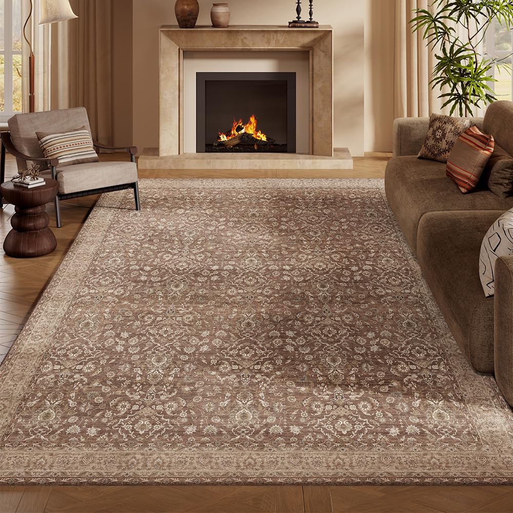 8x10 Reddish Brown Washable Area Rug for Living Room, Vintage Print