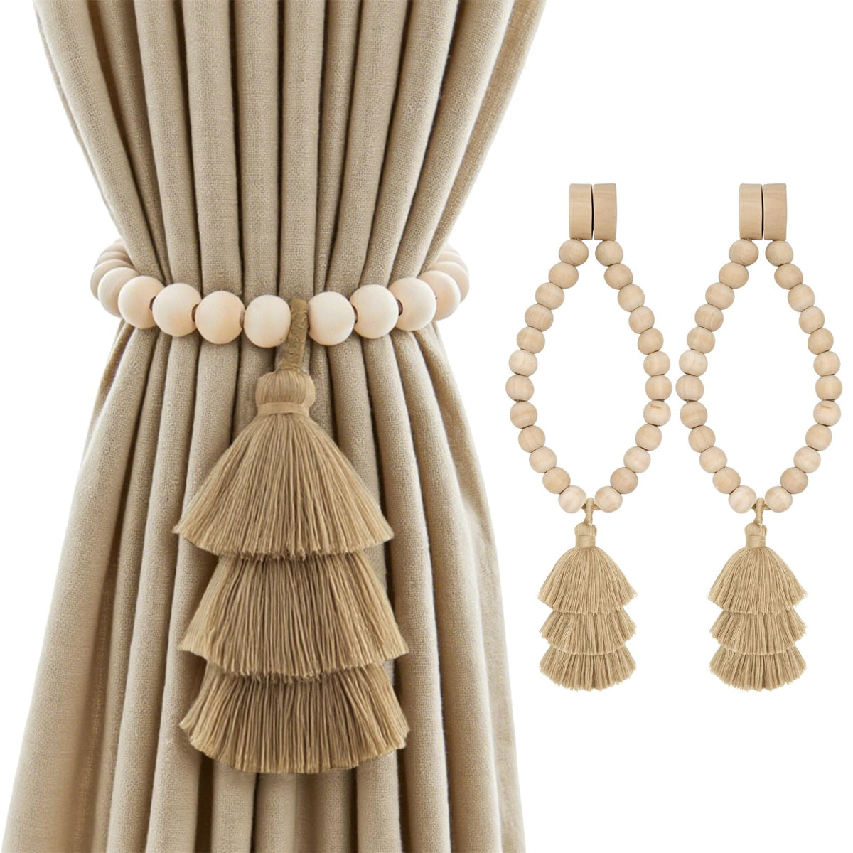 Magnetic Curtain Tiebacks with Wood Beads, Boho Rope Drapery Holdbacks with Triple Tassels, No Drill Curtain Holders for Farmhouse Bedroom, Living Room or Nursery, 2 Pack, Beige Taupe Brown