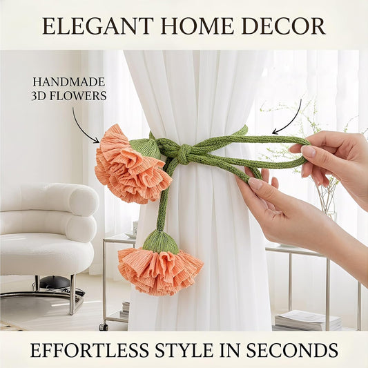 Handmade Curtains Tiebacks, Boho Flower Curtain Tie Backs Curtain Holder Tie Backs for Curtains Braided,Cute Flower Curtain Ties Decorative Rope for Bedroom Window Treatment (Orange)