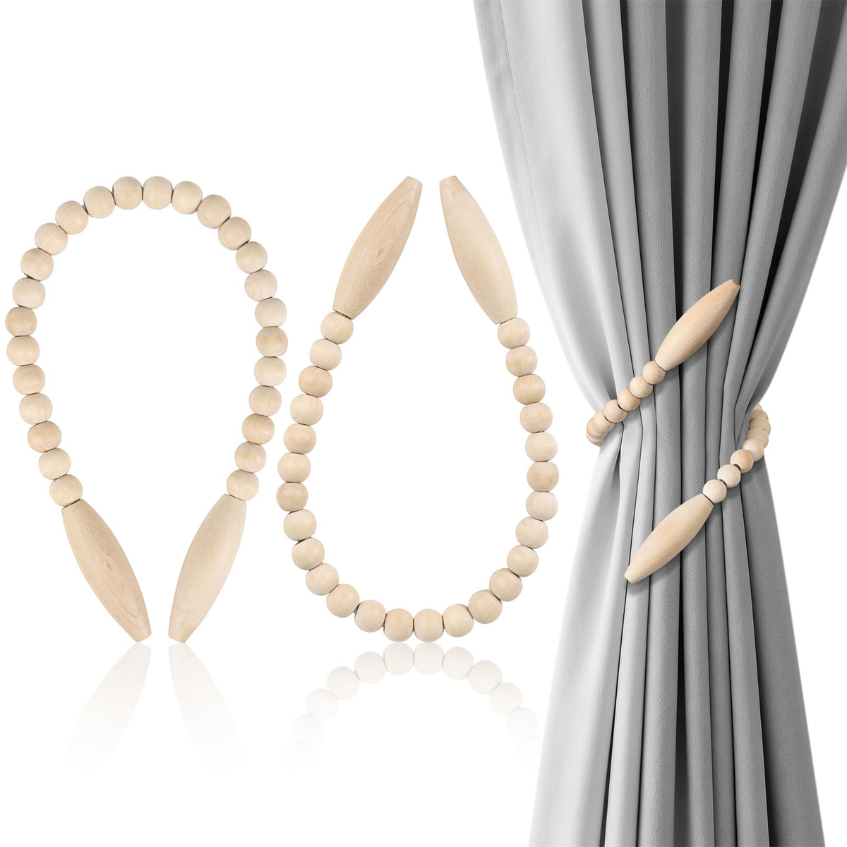 Wood Bead Curtain Tiebacks 2 Pack, No Drill Curtain Holdbacks, Gold