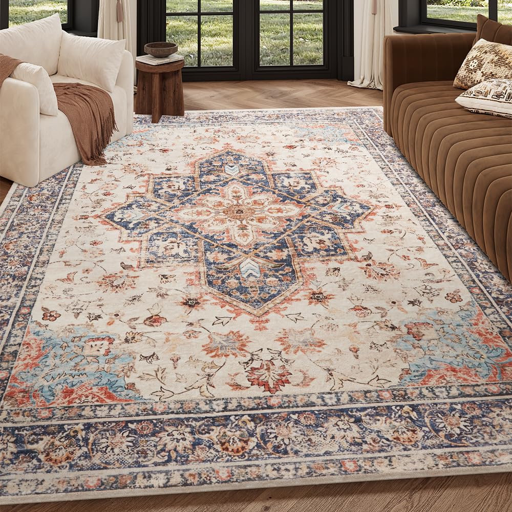 8x10 Reddish Brown Washable Area Rug for Living Room, Vintage Print