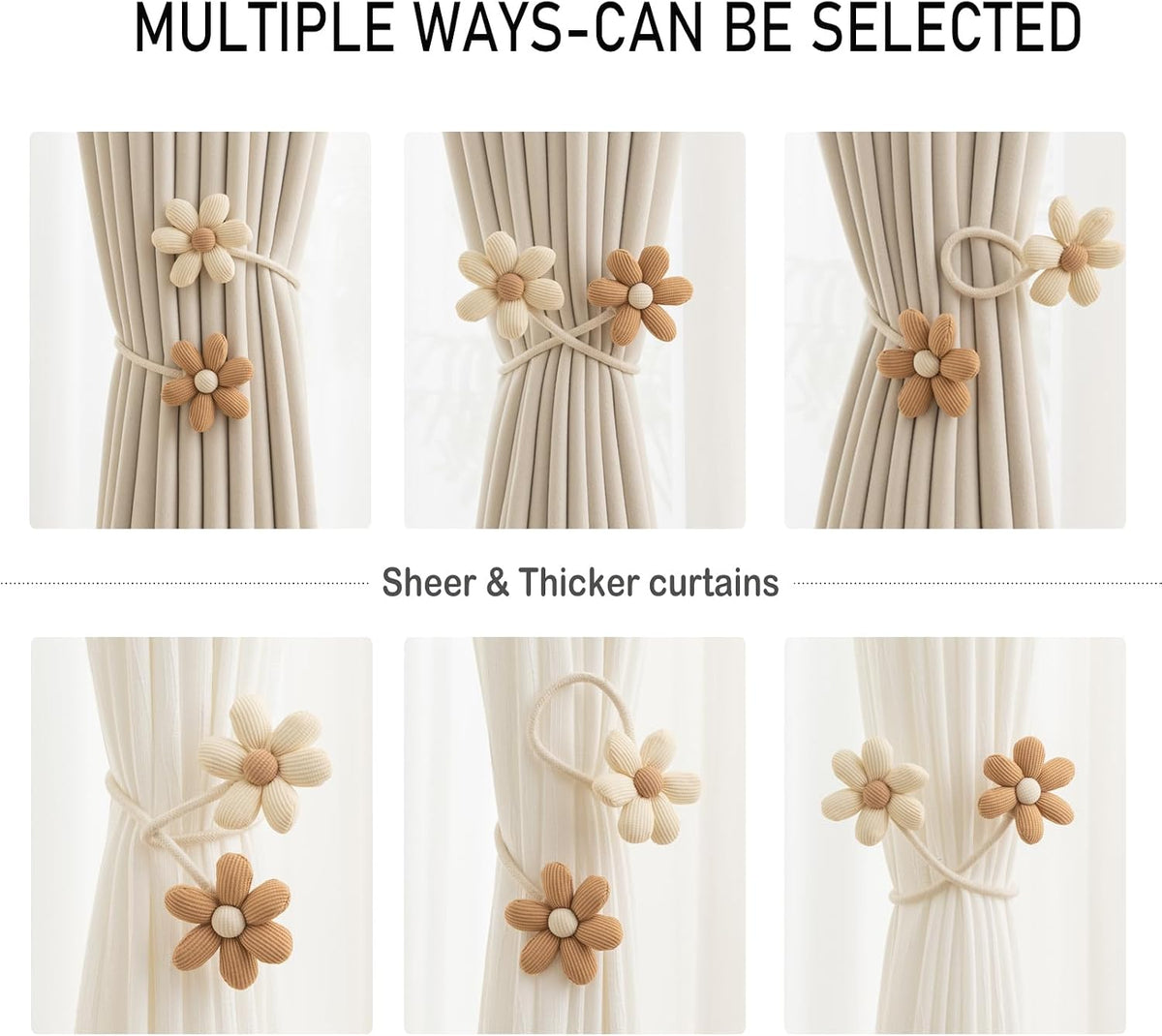 Bendable Curtain Tiebacks, Rope Tie Backs Curtains with Floral Design, 2Pack Elegant DIY Curtain Holdbacks, Decorative Window Holder for Bedroom Decor, Heronsbill