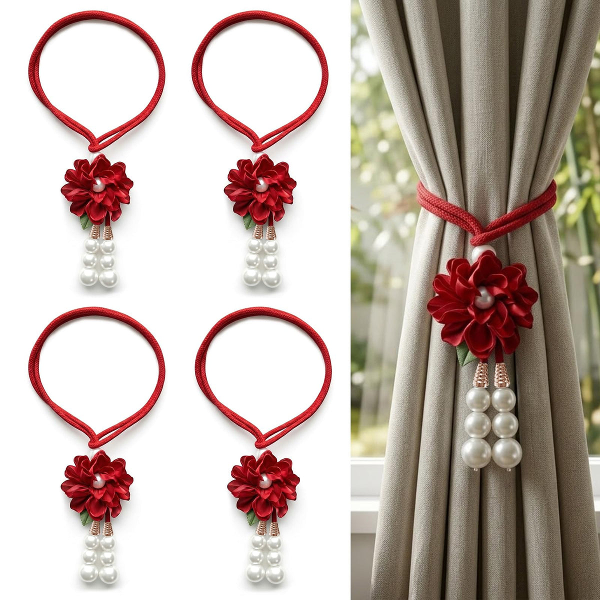 Adjustable Curtain Tiebacks， 4-Pack Hand-Woven Rope with Silk Flower & Pearl， Decorative Window Cord Holders for Drapery， Long Loop Design for All Curtain Thickness (Purple)