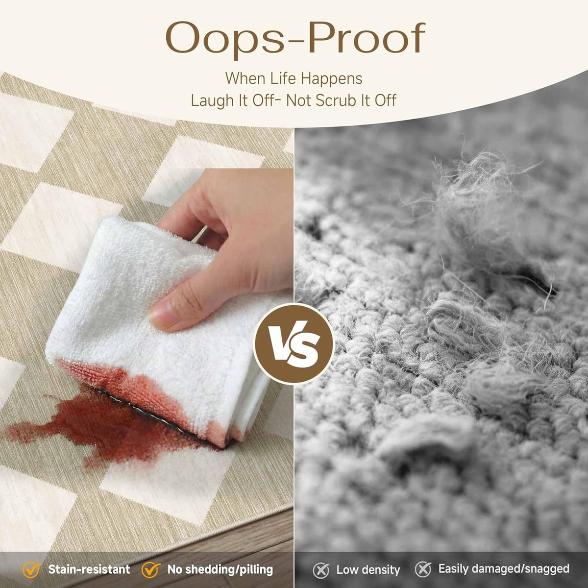PureCozy 8x10 Washable Area Rug Living Room Beige Non Slip Checkered Carpet