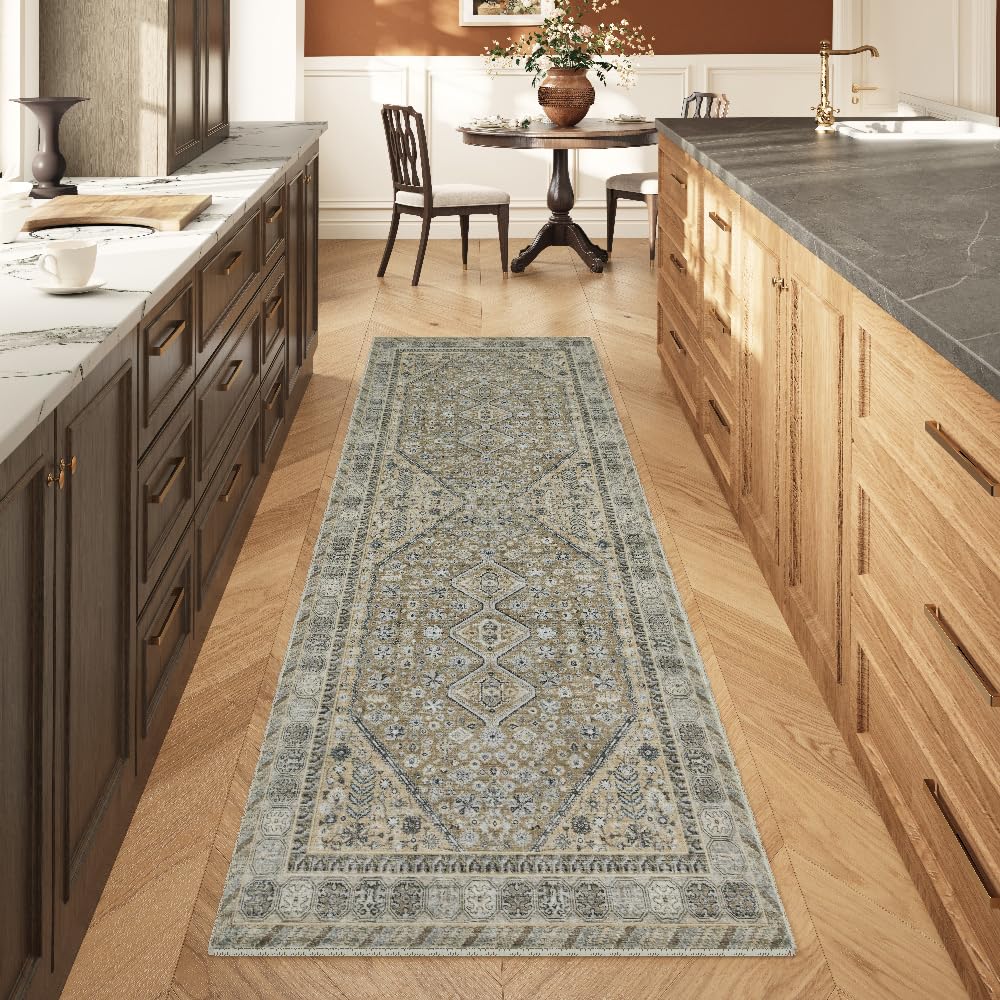 8x10 Reddish Brown Washable Area Rug for Living Room, Vintage Print