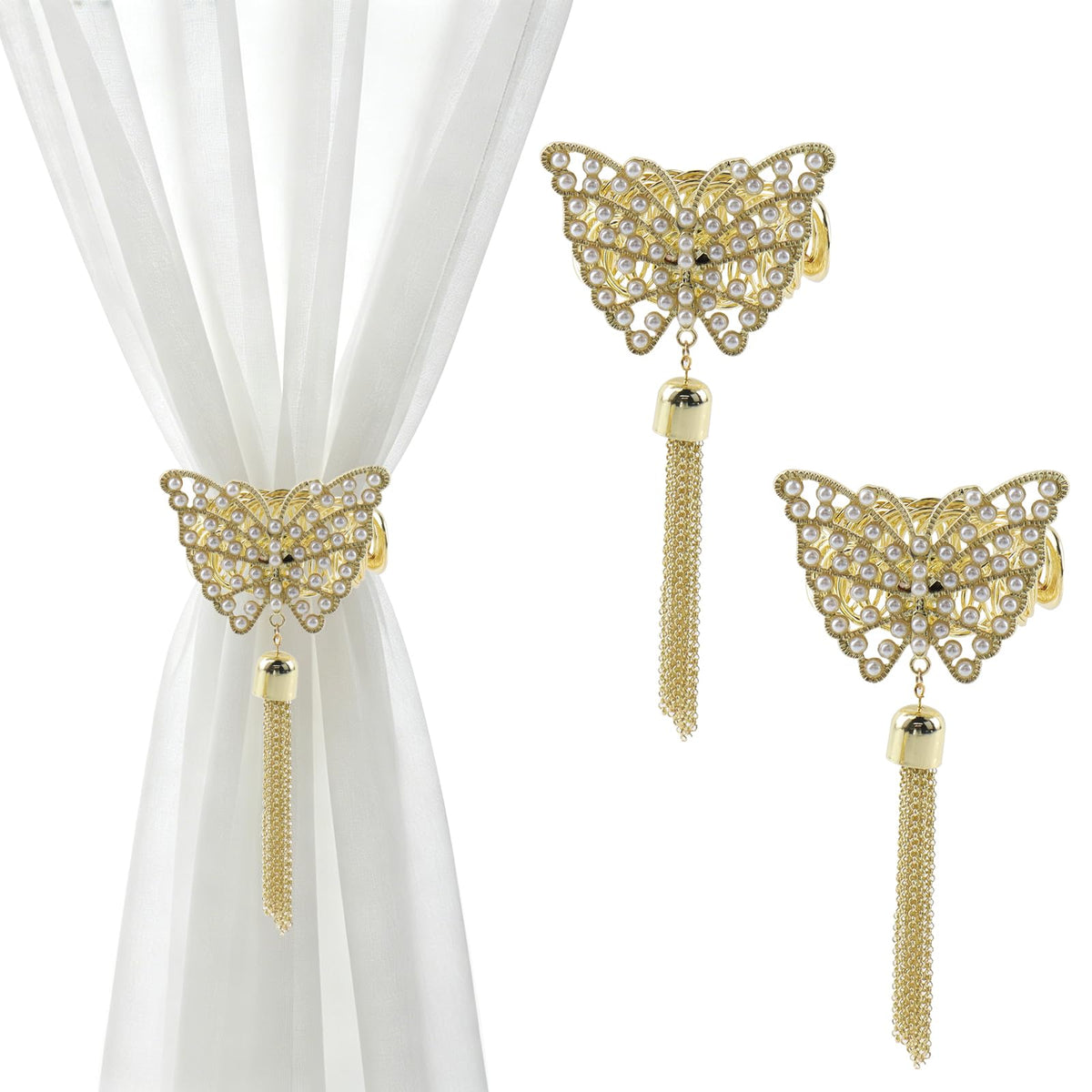 Silver Butterfly Curtain Tiebacks No-Drill, 2 Packs
