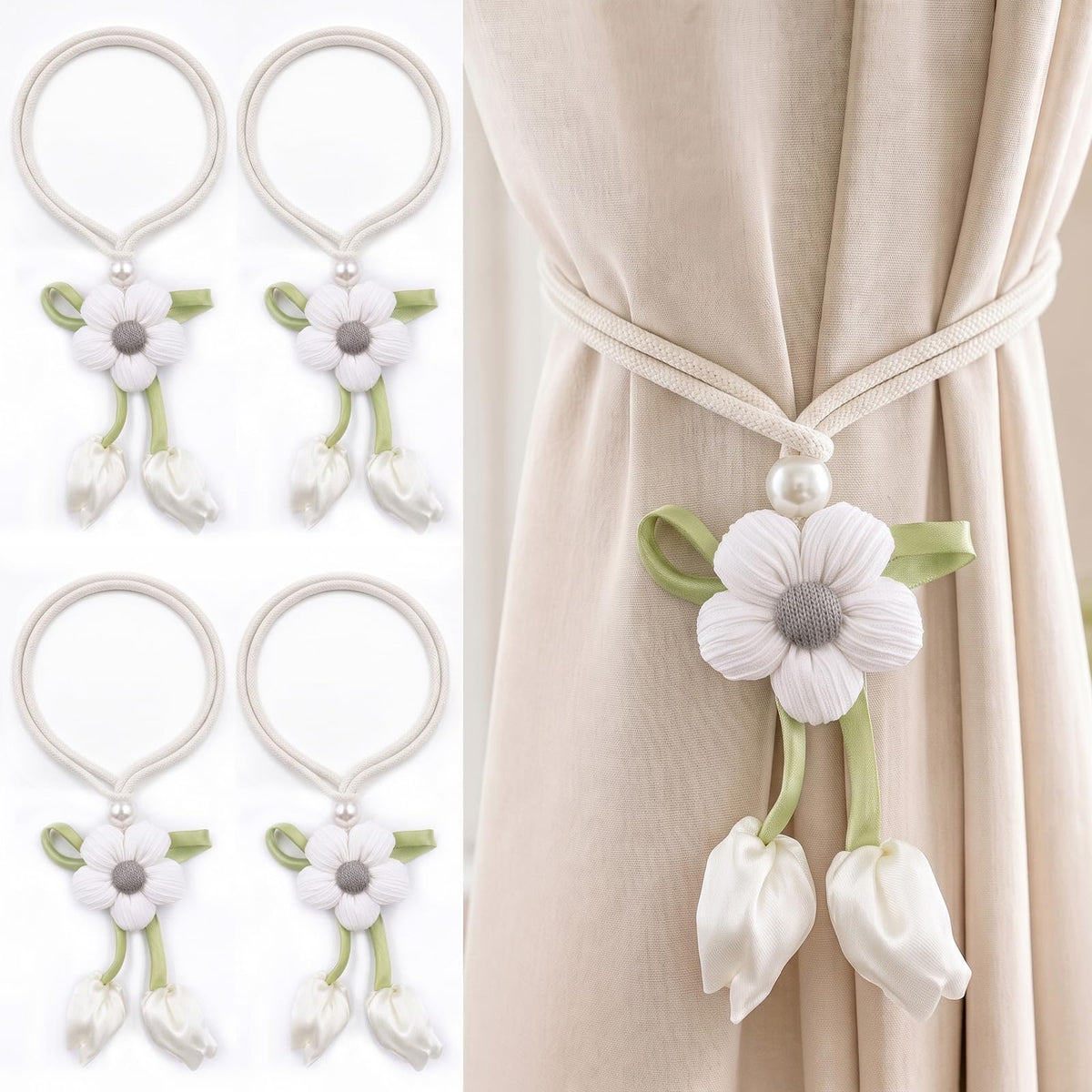 Adjustable Curtain Tiebacks， 4-Pack Hand-Woven Rope with Silk Flower & Pearl， Decorative Window Cord Holders for Drapery， Long Loop Design for All Curtain Thickness (Purple)