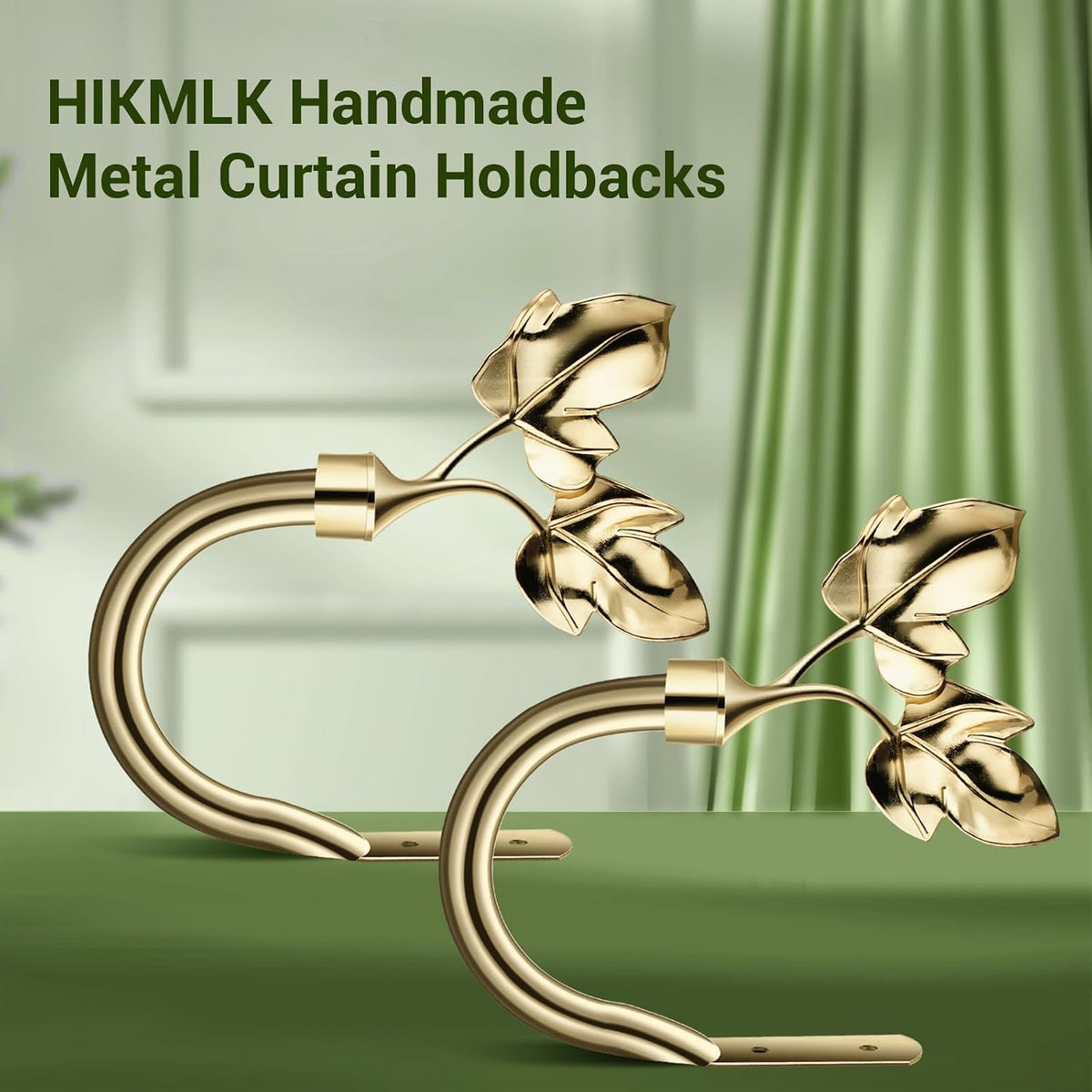Leaf Shaped Curtain Holdbacks 2pcs, Handmade Metal Curtain Side Holders for Wall, Antique Brass Curtain Tieback Hook Pull Backs for Drapes Window Home Decoration (Gold)