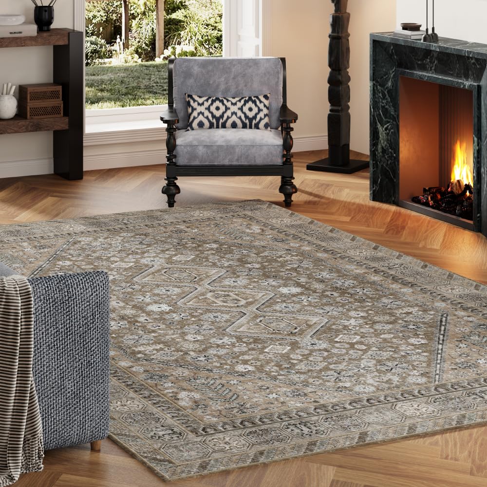 8x10 Reddish Brown Washable Area Rug for Living Room, Vintage Print