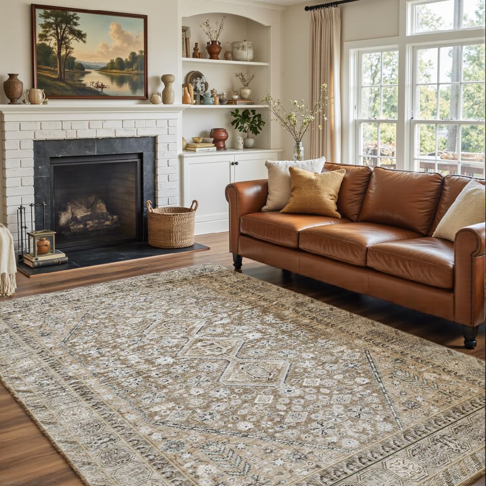 8x10 Reddish Brown Washable Area Rug for Living Room, Vintage Print