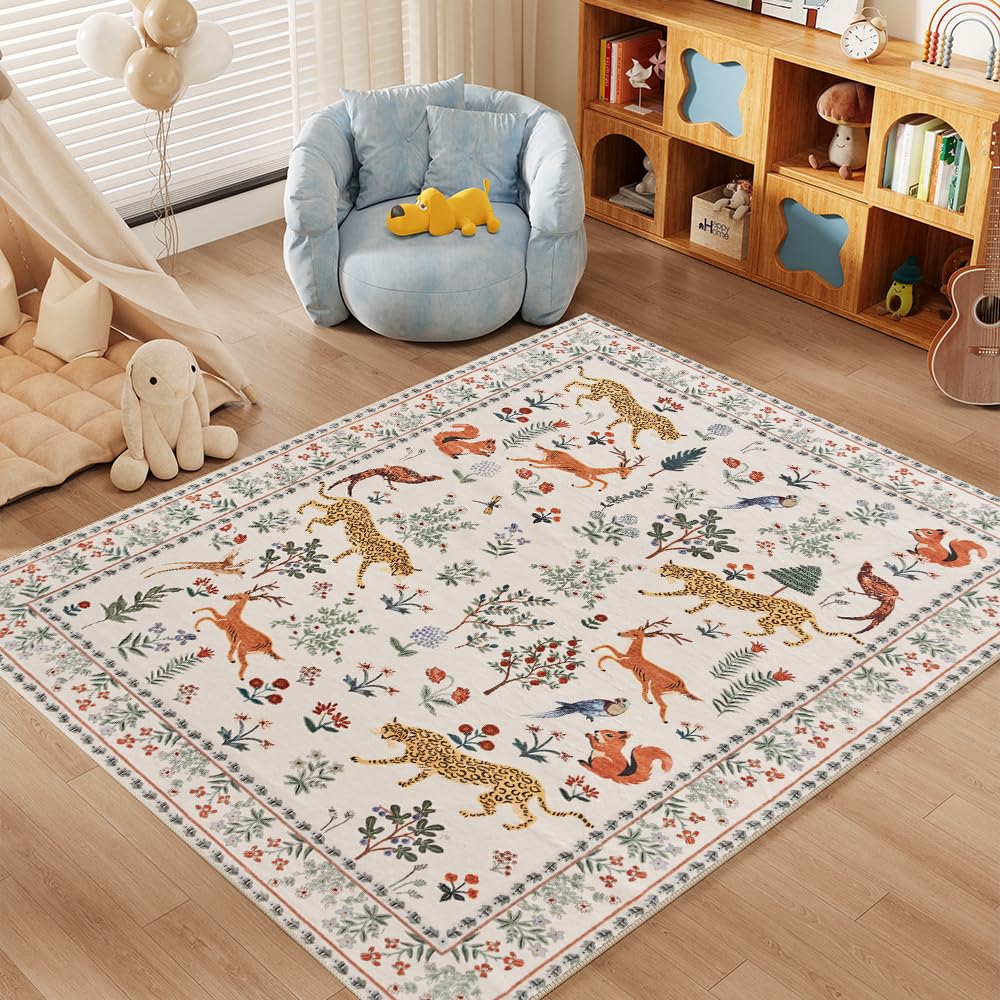 8x10 Reddish Brown Washable Area Rug for Living Room, Vintage Print