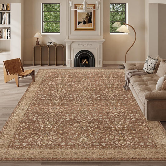 8x10 Reddish Brown Washable Area Rug for Living Room, Vintage Print