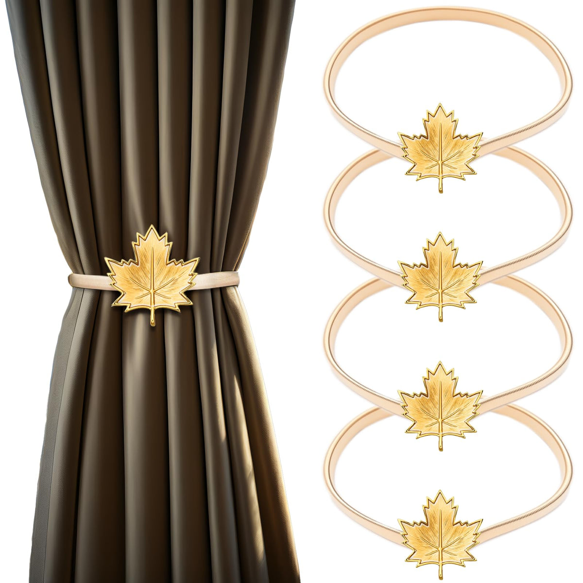 4 Pack Christmas Curtain Tieback Buckle Aluminum Alloy Spring Design Curtain Holdback Carving Design Christmas Curtain Ties for Drapes Curtain Ties Backs Modern Christmas Decor (Maple Leaf)