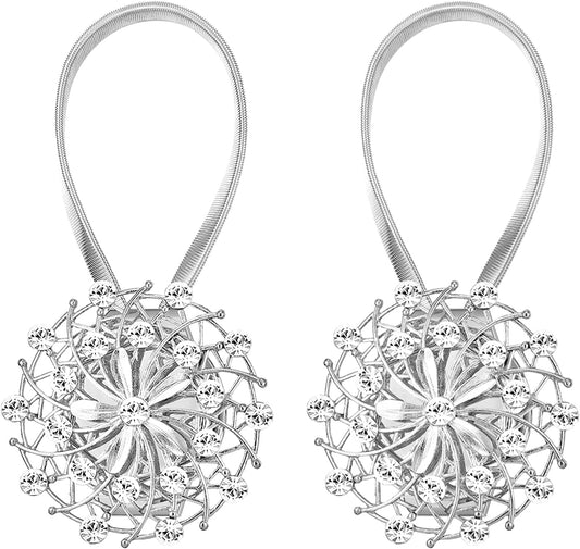 Magnetic Curtain Tiebacks 2 Pack, Silver Crystal Flower No-Drill Curtain Holdbacks with Flexible Spring Wire for Living Room Bedroom Window Decor