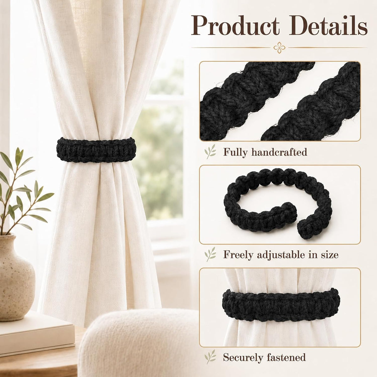 6 Pack Boho Braided Curtain Tiebacks, Curtain Holdbacks Tie Backs