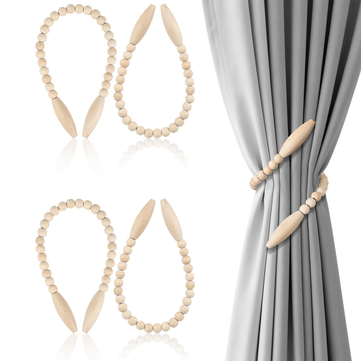 Wood Bead Curtain Tiebacks 2 Pack, No Drill Curtain Holdbacks, Gold