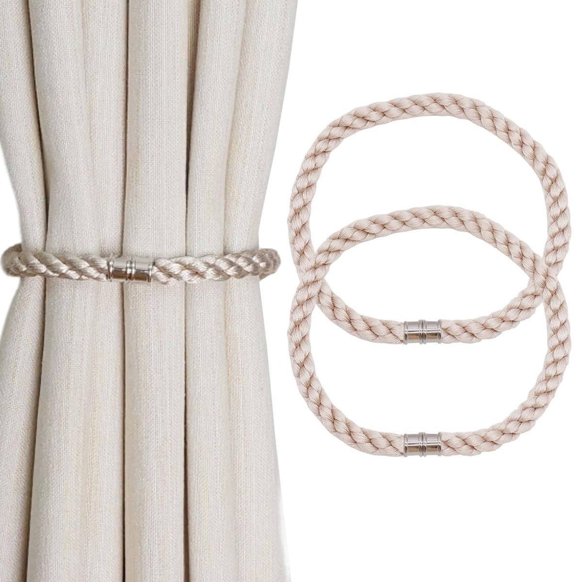 Magnetic Curtain Tiebacks, 2pcs Modern Handmade Rope Curtain Tie Backs Decorative Curtain Holdbacks Holders Cord for Window Sheer Drapes Indoor Outdoor, Grey